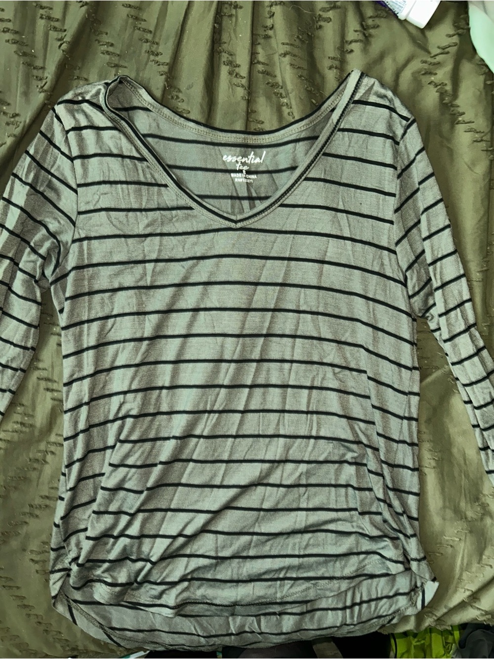 Essentials Striped V-Neck Long Sleeve Top - Green/Black